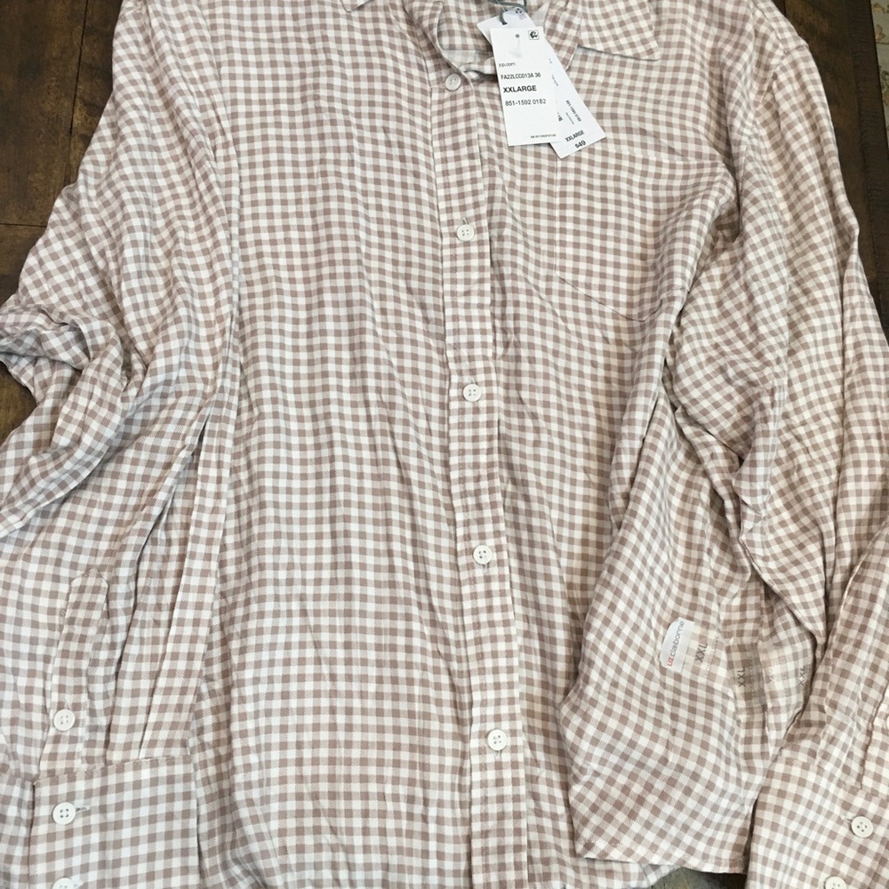 NWT Liz Claiborne Tan Checkered Casual Shirt Blouse XXL Button Up Long-sleeve